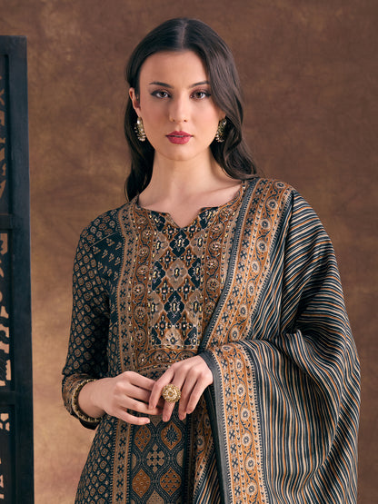 Ethnic Floral Printed Embroidered Straight Fit Kurta with Pant and Dupatta - Black