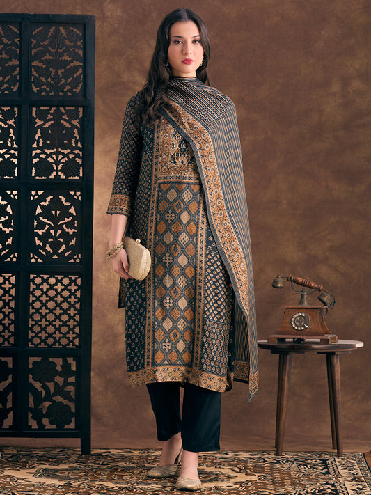 Ethnic Floral Printed Embroidered Straight Fit Kurta with Pant and Dupatta - Black