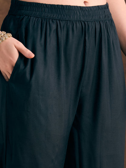 Ethnic Floral Printed Embroidered Straight Fit Kurta with Pant and Dupatta - Black