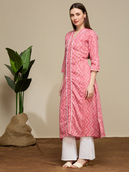 Ethnic Chevron Printed A-Line Flared Kurta - Magenta