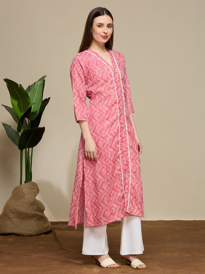 Ethnic Chevron Printed A-Line Flared Kurta - Magenta