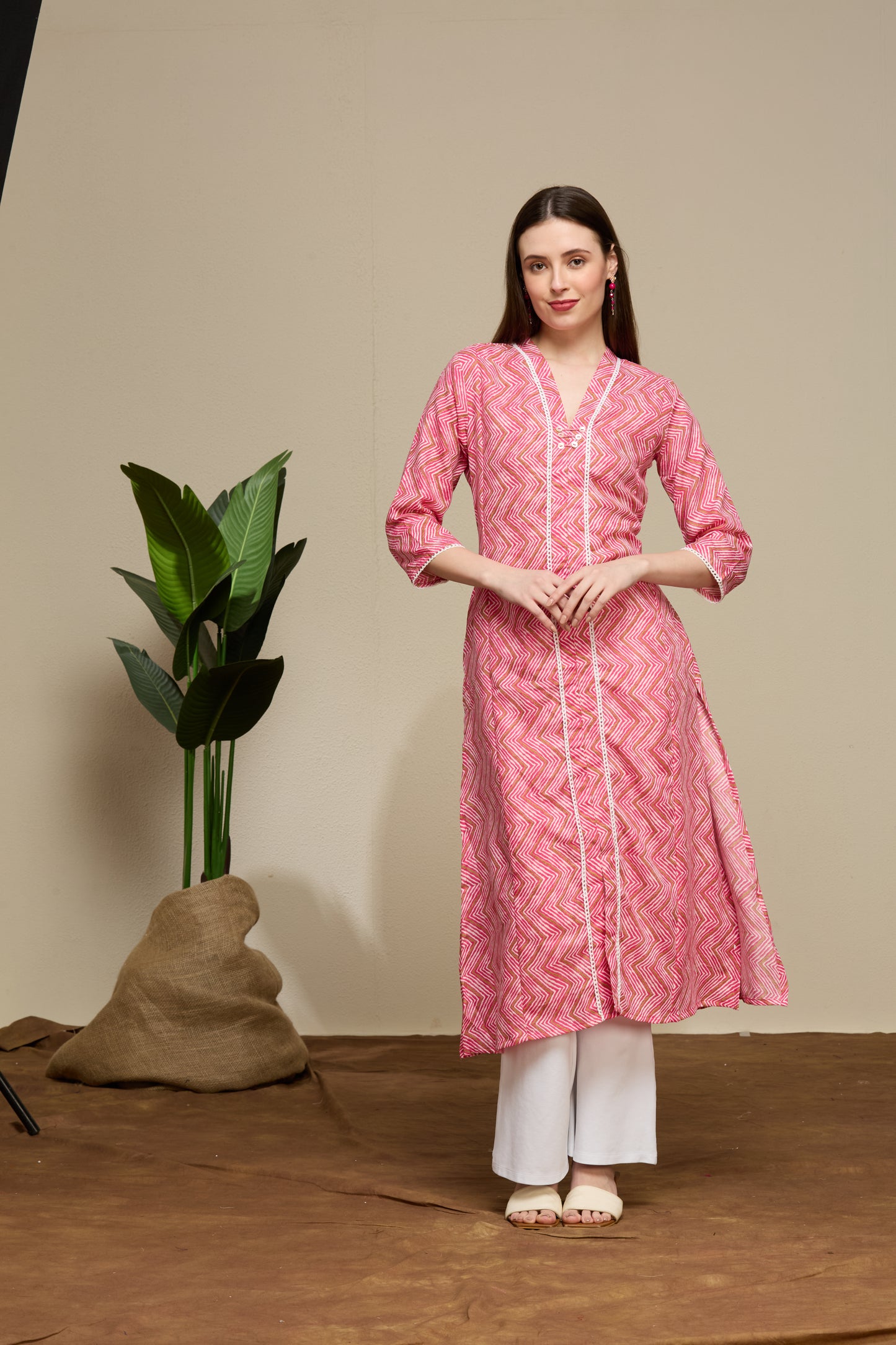 Ethnic Chevron Printed A-Line Flared Kurta - Magenta