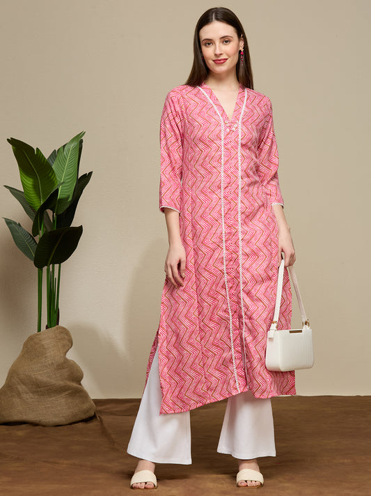 Ethnic Chevron Printed A-Line Flared Kurta - Magenta