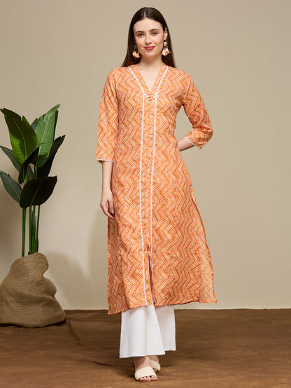 Ethnic Chevron Printed A-Line Flared Kurta - Coral
