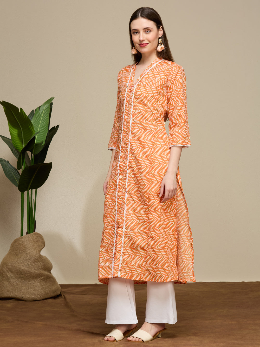 Ethnic Chevron Printed A-Line Flared Kurta - Coral