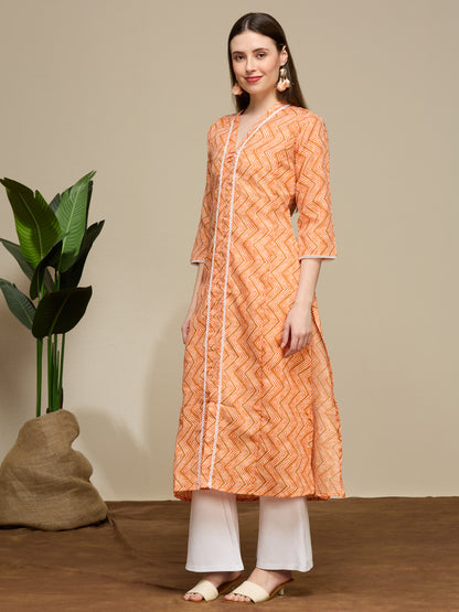 Ethnic Chevron Printed A-Line Flared Kurta - Coral