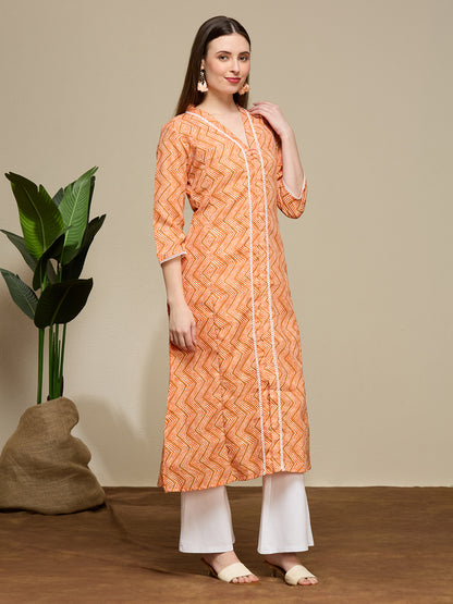 Ethnic Chevron Printed A-Line Flared Kurta - Coral