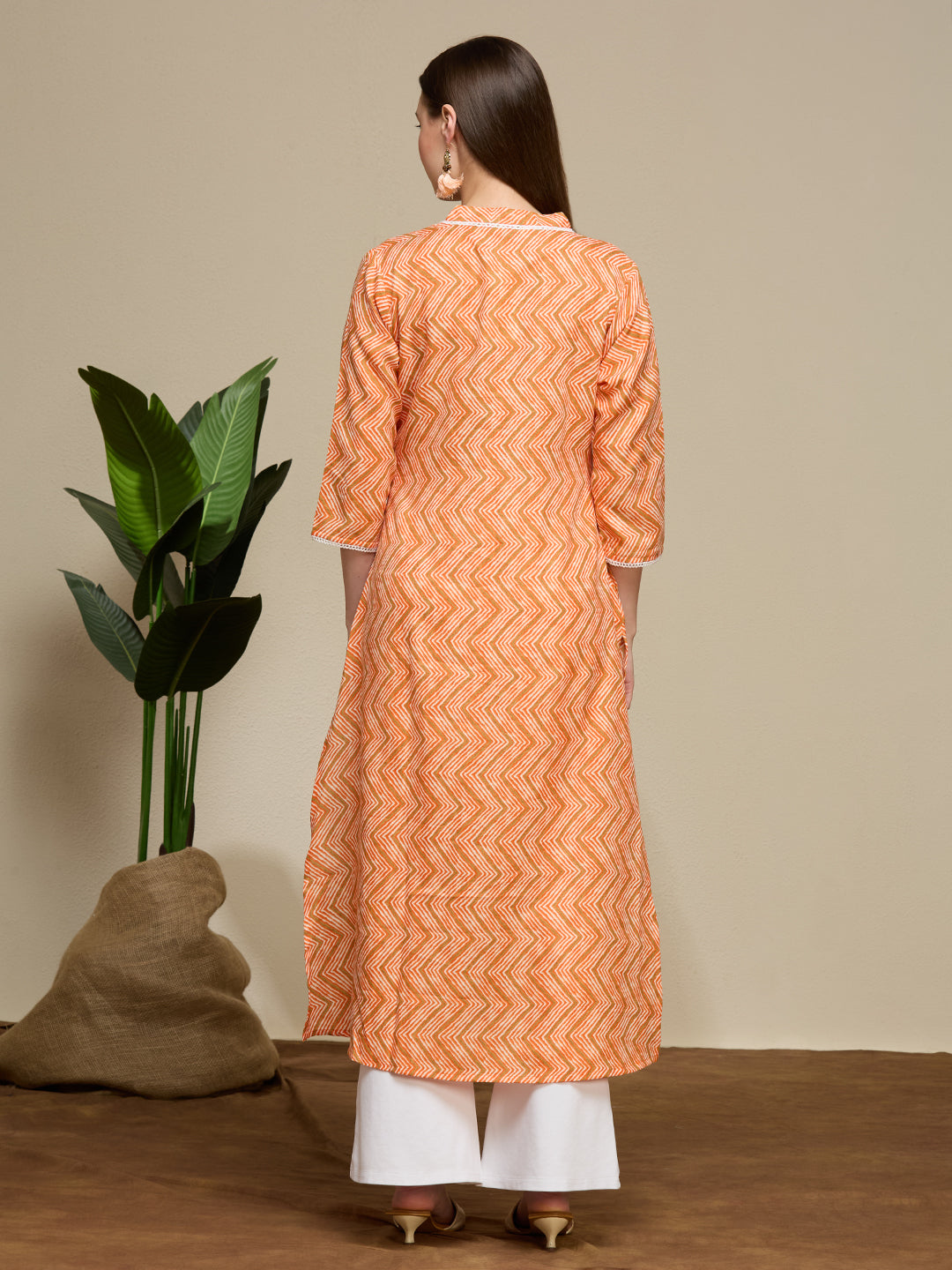 Ethnic Chevron Printed A-Line Flared Kurta - Coral
