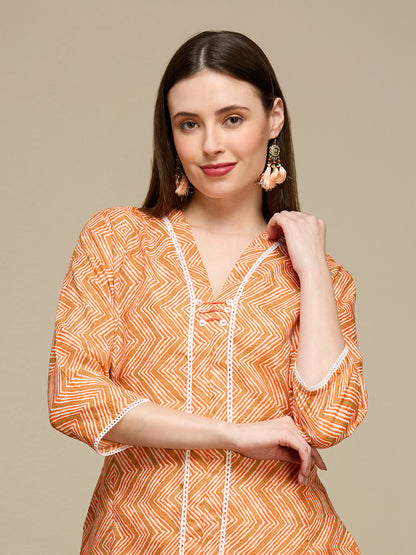Ethnic Chevron Printed A-Line Flared Kurta - Coral
