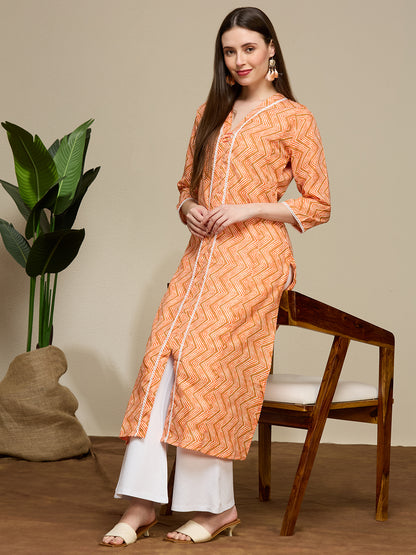 Ethnic Chevron Printed A-Line Flared Kurta - Coral