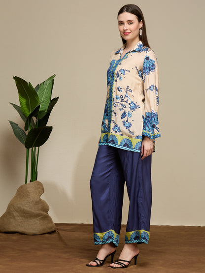 Floral Printed Straight Fit Co-ord Set - Cream