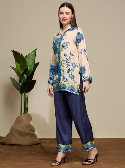 Floral Printed Straight Fit Co-ord Set - Cream