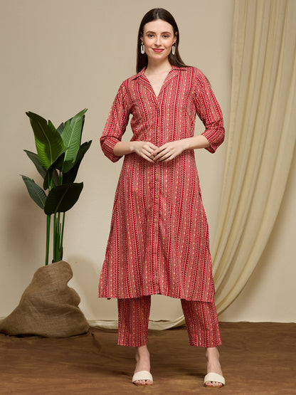 Ethnic Floral Printed Cotton A-Line Co-ord Set - Maroon