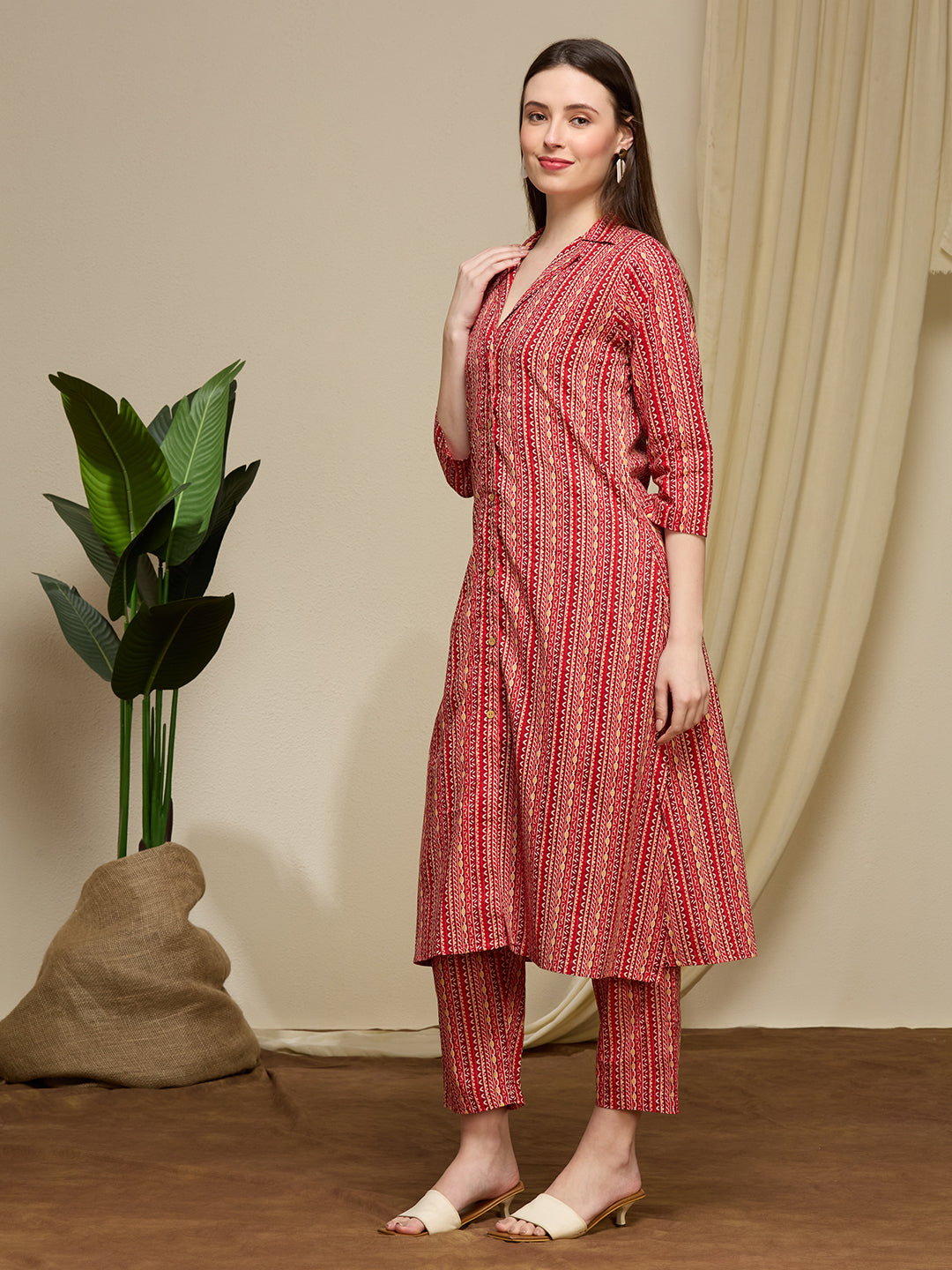 Ethnic Floral Printed Cotton A-Line Co-ord Set - Maroon