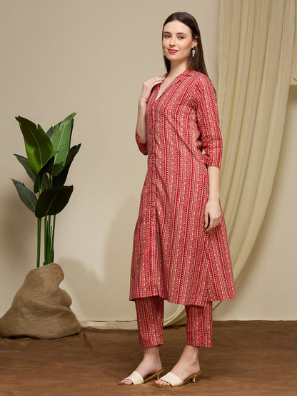 Ethnic Floral Printed Cotton A-Line Co-ord Set - Maroon