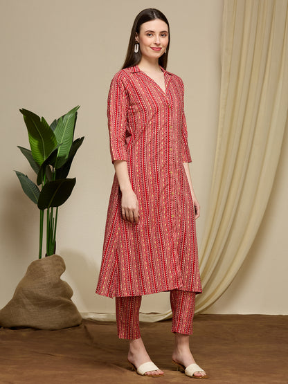Ethnic Floral Printed Cotton A-Line Co-ord Set - Maroon