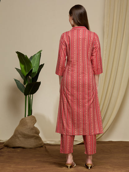 Ethnic Floral Printed Cotton A-Line Co-ord Set - Maroon