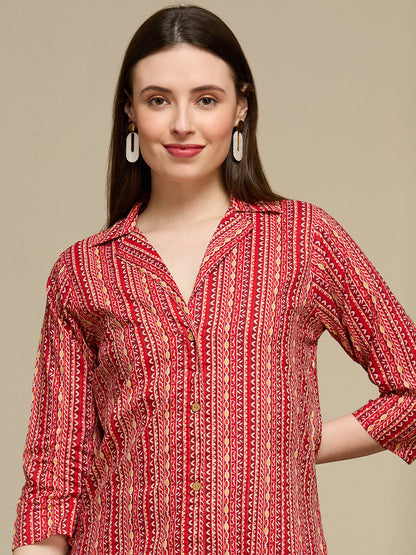 Ethnic Floral Printed Cotton A-Line Co-ord Set - Maroon