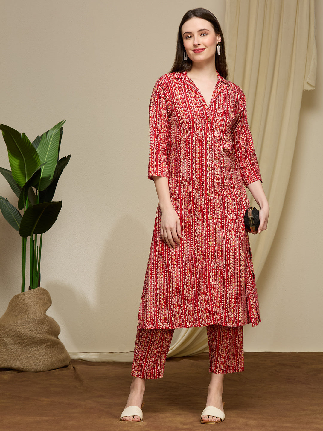 Ethnic Floral Printed Cotton A-Line Co-ord Set - Maroon