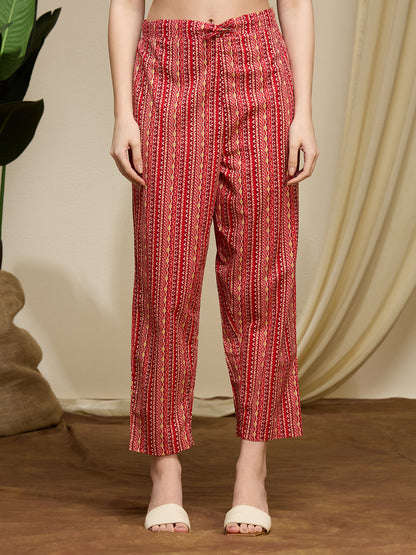 Ethnic Floral Printed Cotton A-Line Co-ord Set - Maroon