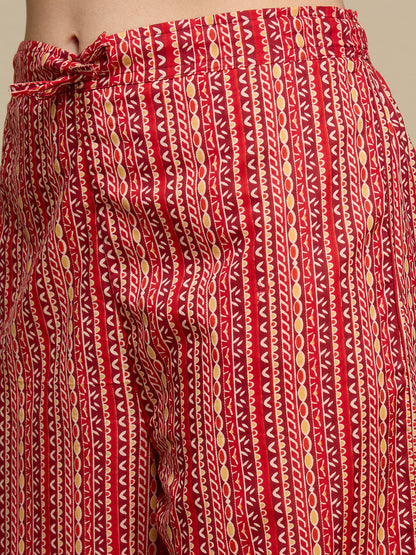Ethnic Floral Printed Cotton A-Line Co-ord Set - Maroon