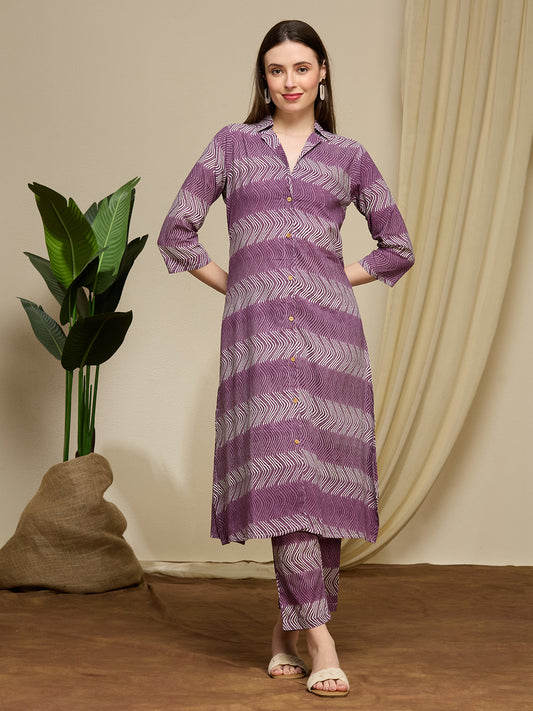 Ethnic Floral Printed Cotton A-Line Co-ord Set - Purple