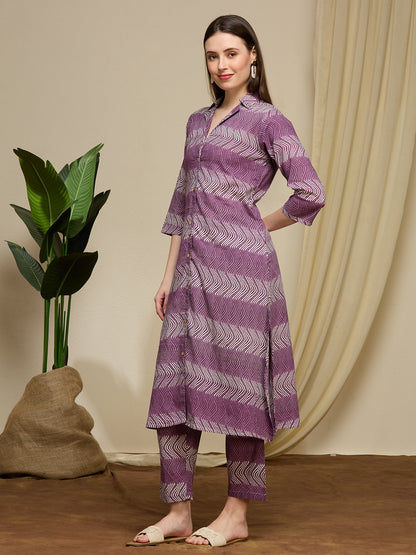 Ethnic Floral Printed Cotton A-Line Co-ord Set - Purple