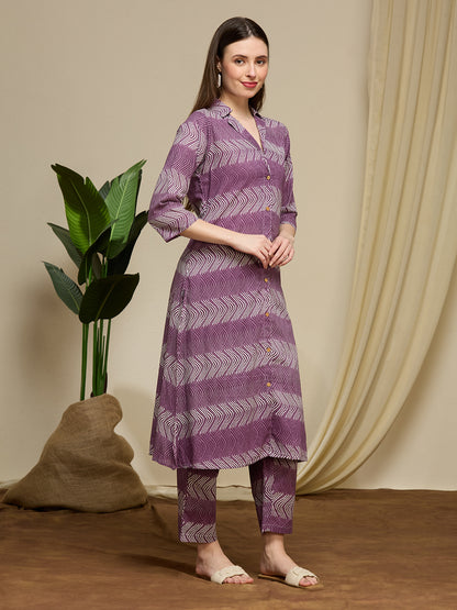 Ethnic Floral Printed Cotton A-Line Co-ord Set - Purple