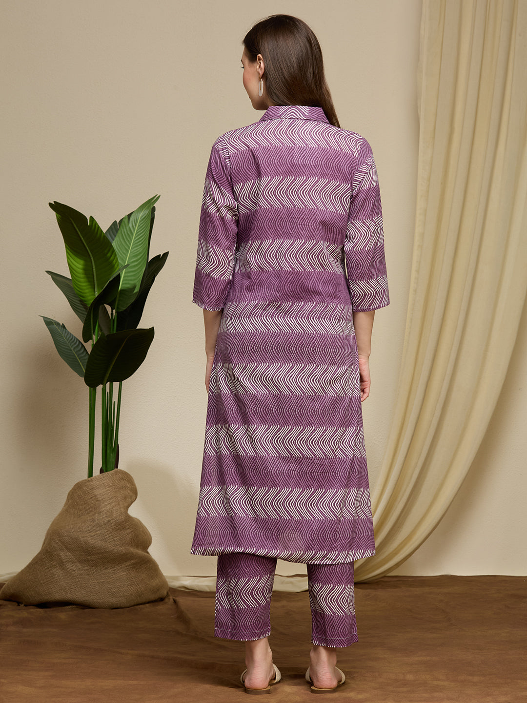 Ethnic Floral Printed Cotton A-Line Co-ord Set - Purple