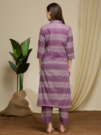 Ethnic Floral Printed Cotton A-Line Co-ord Set - Purple