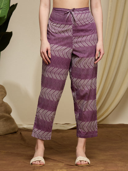 Ethnic Floral Printed Cotton A-Line Co-ord Set - Purple