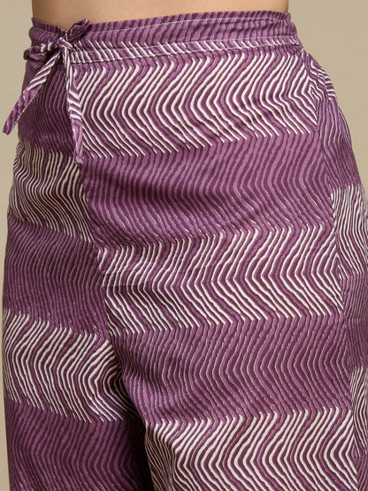 Ethnic Floral Printed Cotton A-Line Co-ord Set - Purple