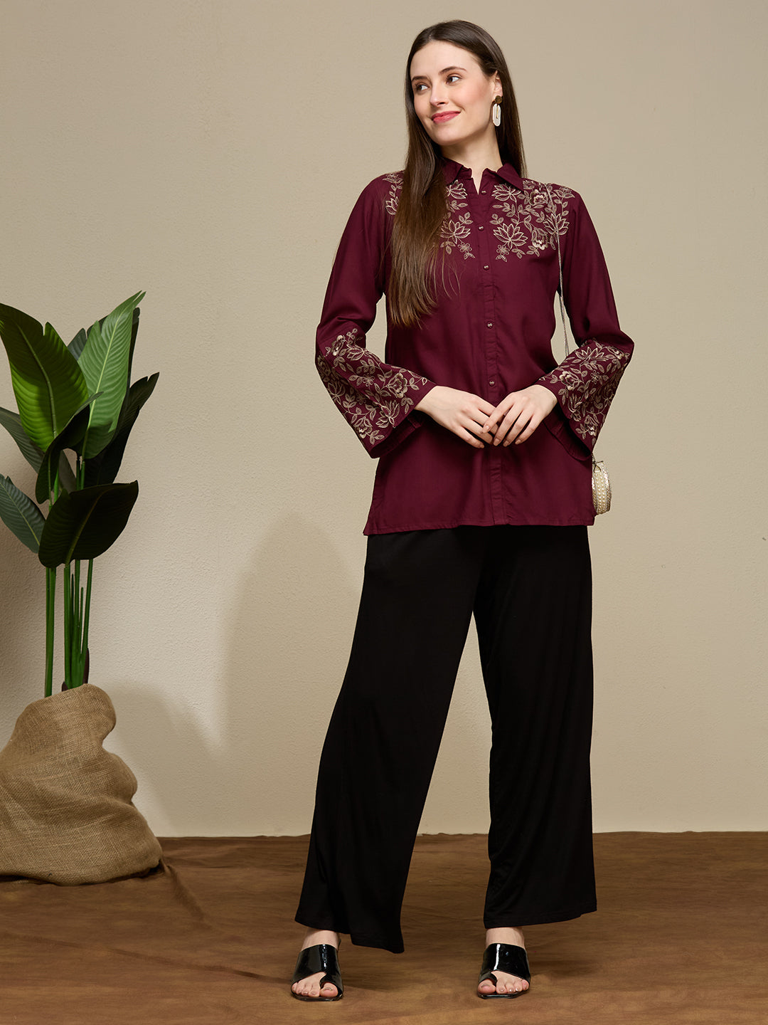 Solid Floral Threadwork Embroidered Short Kurti - Maroon