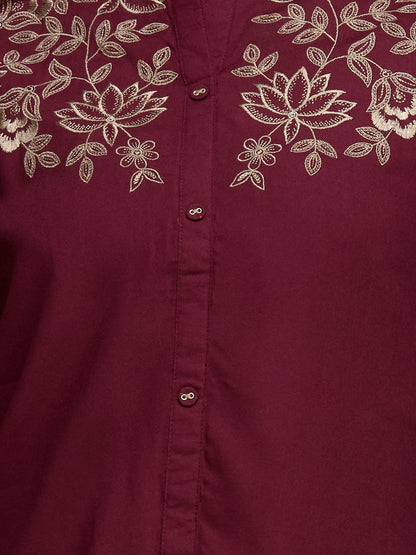 Solid Floral Threadwork Embroidered Short Kurti - Maroon