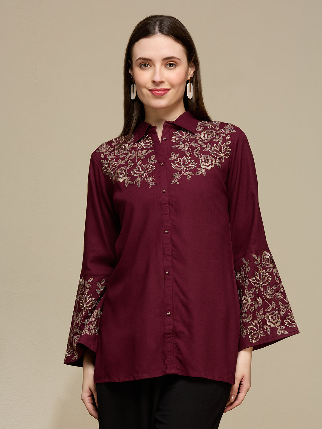 Solid Floral Threadwork Embroidered Short Kurti - Maroon