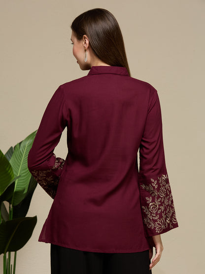 Solid Floral Threadwork Embroidered Short Kurti - Maroon