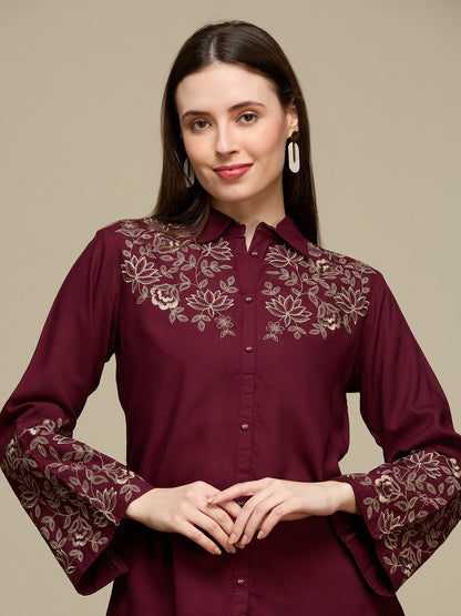 Solid Floral Threadwork Embroidered Short Kurti - Maroon