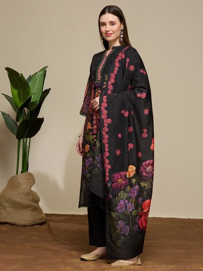 Abstract Floral Printed Embroidered Kurta with Pant & Dupatta - Black