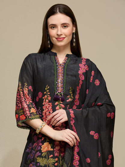 Abstract Floral Printed Embroidered Kurta with Pant & Dupatta - Black