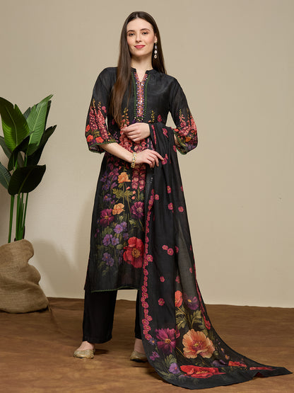 Abstract Floral Printed Embroidered Kurta with Pant & Dupatta - Black