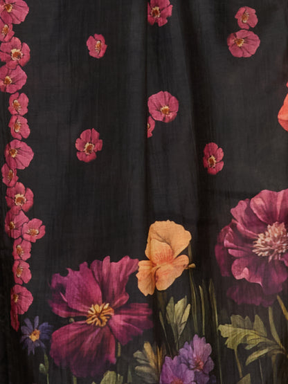 Abstract Floral Printed Embroidered Kurta with Pant & Dupatta - Black