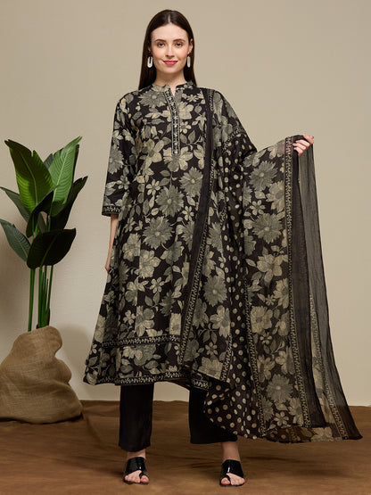 Floral Printed Anarkali Flared Kurta with Pant and Dupatta - Black