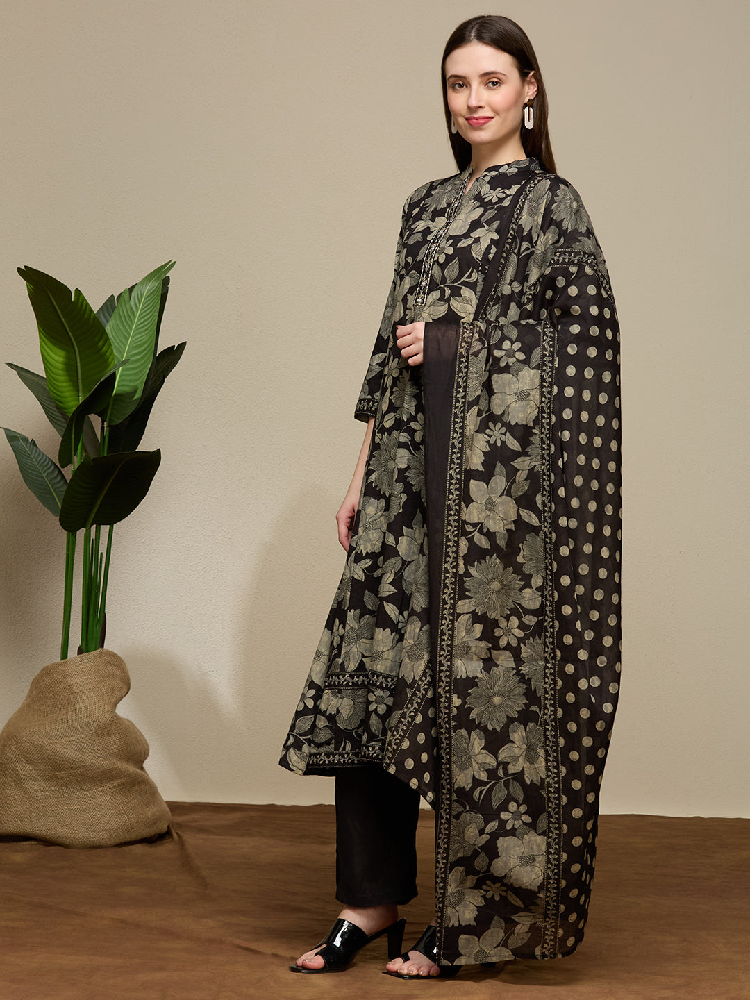 Floral Printed Anarkali Flared Kurta with Pant and Dupatta - Black