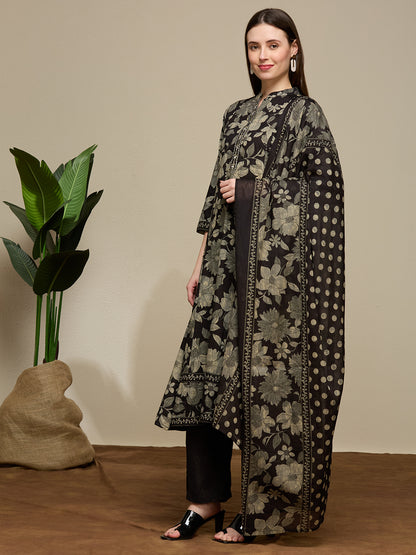 Floral Printed Anarkali Flared Kurta with Pant and Dupatta - Black
