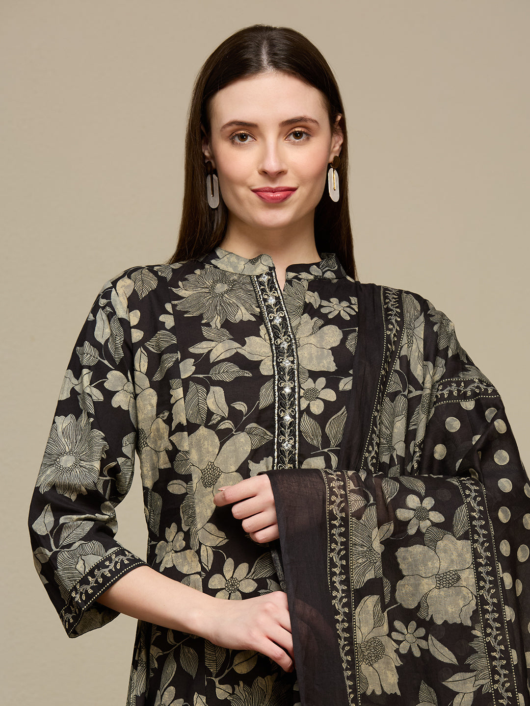 Floral Printed Anarkali Flared Kurta with Pant and Dupatta - Black