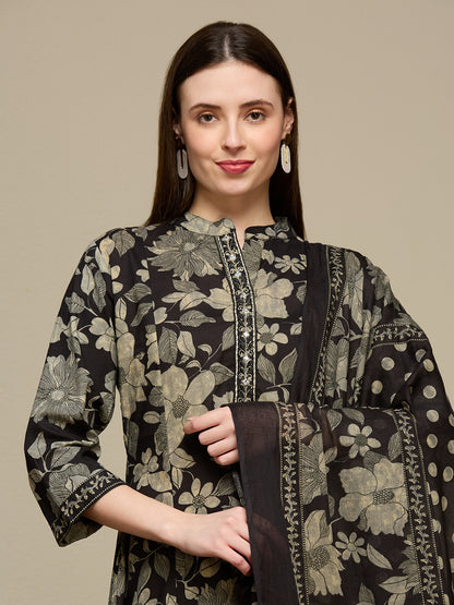 Floral Printed Anarkali Flared Kurta with Pant and Dupatta - Black
