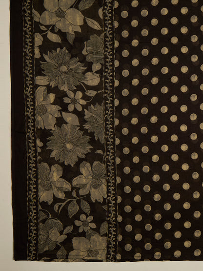 Floral Printed Anarkali Flared Kurta with Pant and Dupatta - Black