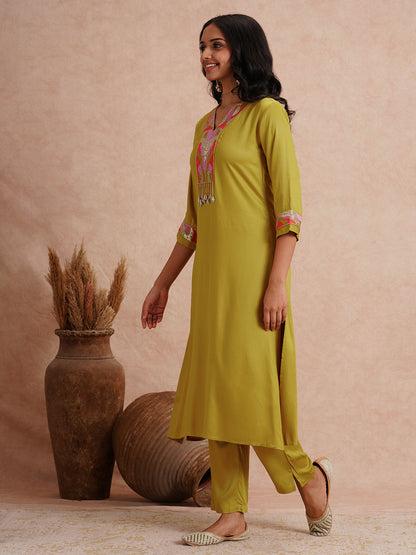 Solid Abstract Embroidered A-Line Co-ord Set - Lime Green