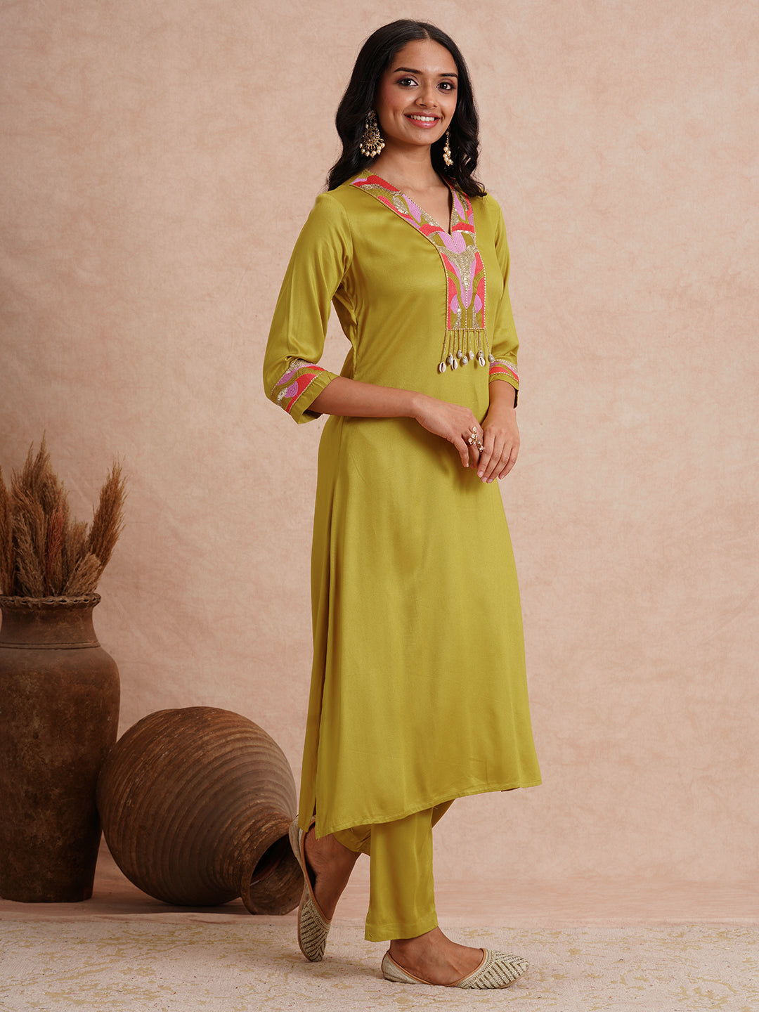 Solid Abstract Embroidered A-Line Co-ord Set - Lime Green