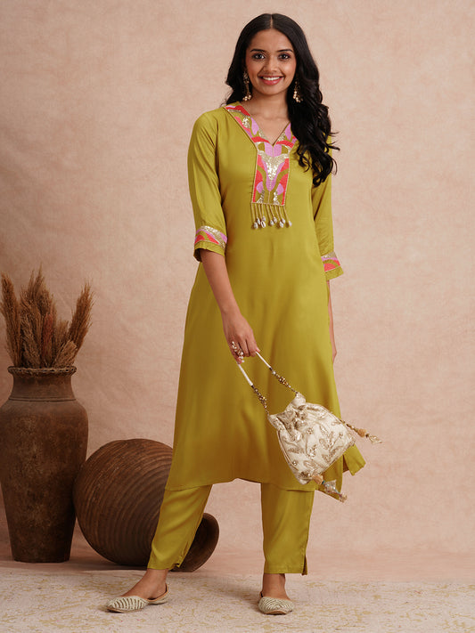 Solid Abstract Embroidered A-Line Co-ord Set - Lime Green